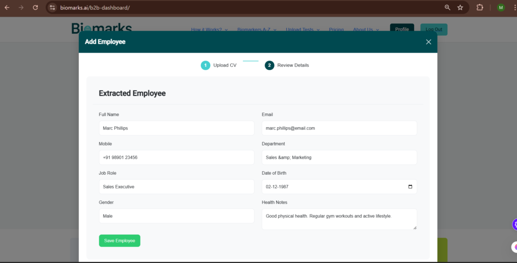 biomarks dashboard cv upload