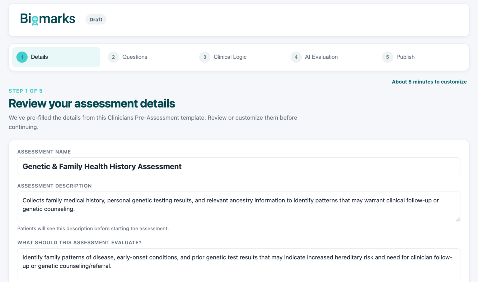 biomarks assessment builder step1